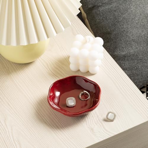 BEUNAIZER Ceramic Ring Dish, 4.3 in Flower Jewelry Tray with Raised Sides | Keeps rings, earrings, keys and hair accessories visible on a vanity, nightstand or bathroom counter. - color: red