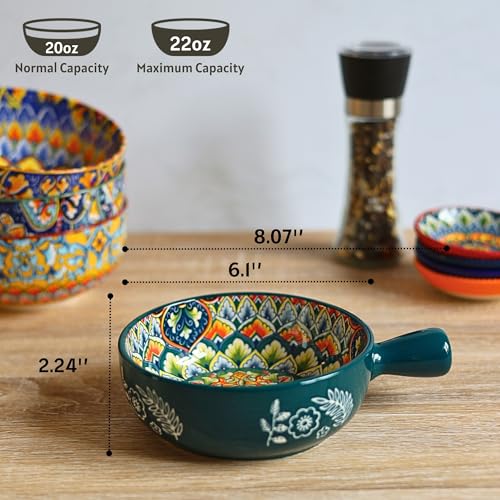 Bohemian Soup Bowls with Handles, 22 Oz French Onion Soup Crocks | Ceramic Soup Bowls for Cereal, Pasta, Chili, Chowder & Stew, Microwave, Dishwasher & Oven Safe, Bowls Set of 4