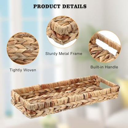 Hipiwe Wicker Toilet Tank Basket 16.9" Woven Bathroom Vanity Basket Tray | Rectangle Baskets Organizer for Long Back of Toilet, Water Hyacinth Decorative Countertop Tray for Paper Hand Towel - size: 16.9" x 6.3" x 2.4"