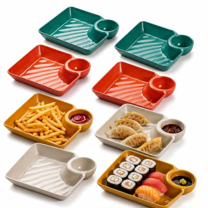 8 Pack Chip and Dip Plates with Sauce Compartment, 4 Colors | 8 reusable divided plates with built-in dip cups for dumplings, fries, sushi, snacks and appetizers.