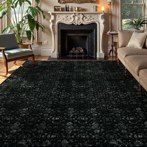 Hedlive Vintage Black Rug for Living Room 9x12, Ultra-Thin Washable Large Area Rugs for Dining Room Non Slip, Stain Resistant Bedroom Rug for Home High Traffic Area (9'x12', Black) - color: Black, size: 9' x12' (Rectangular)
