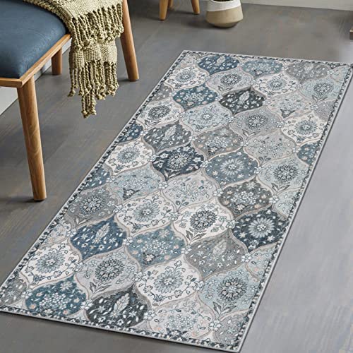 Lahome Moroccan Trellis Small Area Rug, 2x4 Rugs for Entryway Non-Slip Vintage Ultra-Thin Washable Indoor Door Mat Distressed Throw Carpet for Bathroom Kitchen Bedroom Elise, Blue - color: Dusty Blue Grey, size: 2' X 4' (Rectangular)