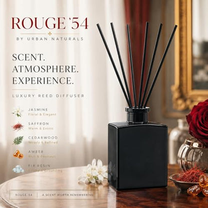 Reed Diffuser Set, Rouge 54 - Bathroom Shelf Décor | Saffron, Jasmine, Amber and Woods, 5 Ounce Sleek Modern Black Rectangular Glass Bottle, Made in the USA - color: Rouge '54