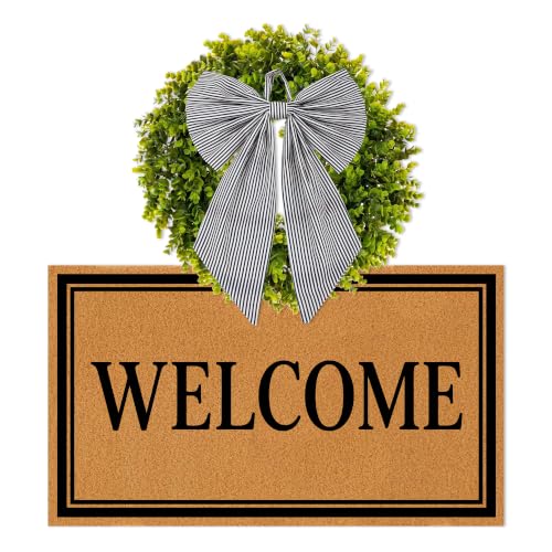 Door Mat and Wreath Set, 2 Pcs, Faux Coir, 19", Porch, Welcome | Greenery Modern Bow Coquette Cute Hey Doormat with Artificial Greenery Outside Decor for Front Door - color: Modern Border Welcome With Striped Bow