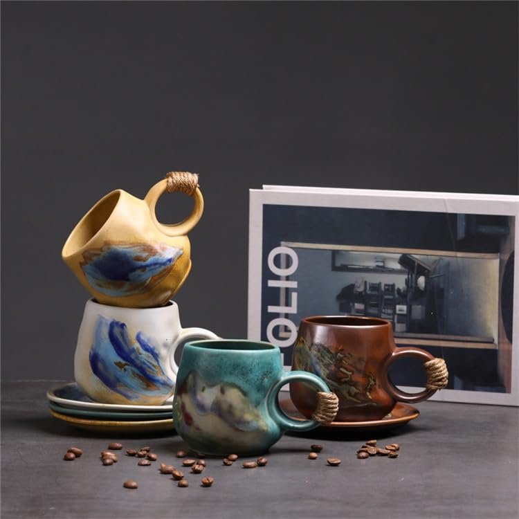 8oz Handmade Ceramic Tea Cup and Saucer set of 2, Small Artisanal Mug with saucer set , Lead-Free Latte Art Mug, Handcrafted Pottery tea mug with handle, Matching and Couple cups (White+Green set ) - color: White+Green( 2 pcs set )
