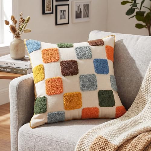 2 Pcs Embroidered Plaid Throw Pillow Cover 18x18 Inches Modern Geometric Tufted Decorative Square Pillow Cover Boho Plaid Cushion Case for Couch Sofa Bedroom Living Room Home Chair Decor - style: Geometric