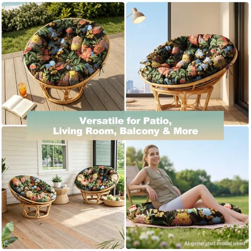 ARTPLAN Round Papasan Chair Cushion Tufted Swing Seat Pad with Ties,Floral | 47"x47"x4"tufted round chair cushion, polyester cover&fluffy fiber fill, fixed ties fit papasan, swing&wicker indoor chairs - color: Red Flower