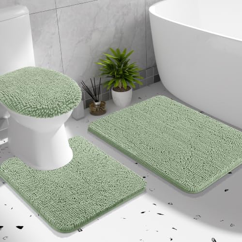 OLANLY Bathroom Rugs Sets 3 piece, Soft Absorbent Chenille Bath Mat, U-Shaped Contour Toilet Mat and Toilet Lid Cover, Quick Dry, Machine Washable, Toilet Cover and Rug Set for Bathroom, Sage Green - color: Sage Green, size: 30" X 20" + U24" X 20" + 17.5"