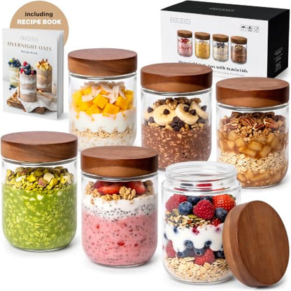 Overnight Oats Containers with Lids - Glass Mason Jars, Meal Prep | Acacia Wood, Airtight Silicone Seal Set of 6 - Stackable for Chia Pudding, Yogurt, Cereal, Oatmeal, Salad, Pantry Storage - color: 6 pack - Acacia no Spoon