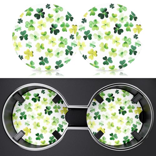 2 Pack Car Cup Holder Coaster, 2.63 inch Anti Slip Insert Absorbent Ceramic Car Coaster with Cork Base and Finger Notch, Cute Car Accessories Interior for Women, Cute Car Coasters., Clover - color: Clover