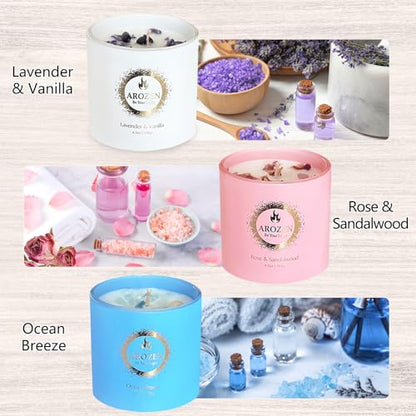 3 Pack Scented Candles Gift Set for Women – Lavender, Ocean, Rose Soy Candles with Crystals & Seashells, 70-Hour Total Burn Time, Aromatherapy Candle Set for Home Decor, Mother’s Day Birthday - size: 3 Pack