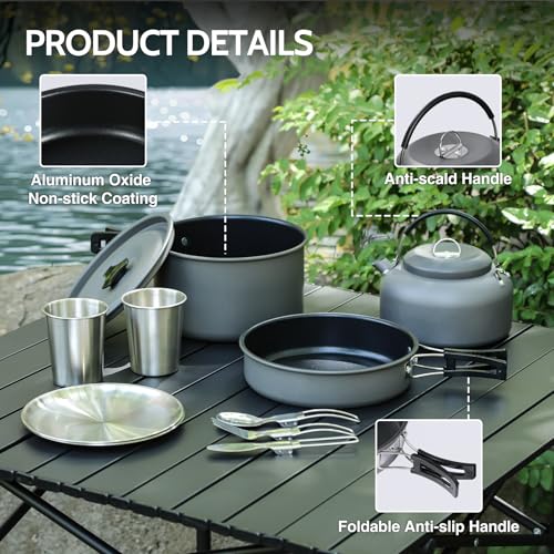 REDCAMP 6/10/11/12/14/15/19 PCS Camping Cookware Mess Kit Camping Gear Campfire Utensils Lightweight Stackable Pot Pan Bowls Soup Spoon with Storage Bag for Camping, Backpacking, Outdoor Cooking - style: Grey,16pcs W/Kettle