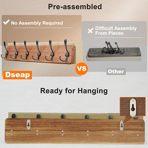 Coat Rack Wall Mounted - 24" Long 6 Tri Hooks, Heavy Duty Wooden Wall Coat Hanger Coat Hook for Clothes Hat Jacket Clothing, Natural and Black - color: Natural & Black, size: L=24"