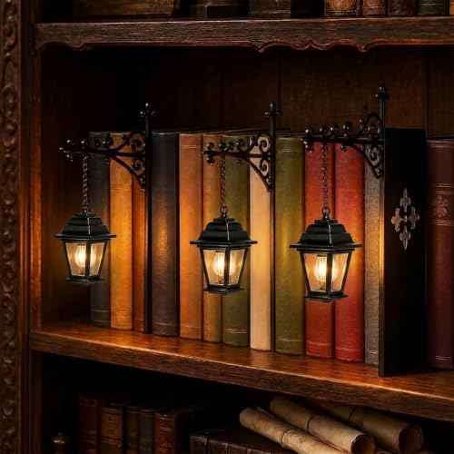 Library Lantern Mini Bookshelf Lamp, Vintage Led Miniature Hanging Lantern for Bookshelf, Wireless Book Nook Lamp with Bookends Decorative, for Home Library, Study and Reading Corner (3Pc-A) - color: 3Pc-A