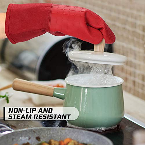 HOMWE Silicone Oven Mitts and Pot Holders for Kitchen & Baking - Set of 4 Heat-Resistant, Heavy-Duty Cooking Mittens w/Non-Slip, Textured Grip - color: Red, size: 4-Piece Oven Mitts & Pot Holders Set
