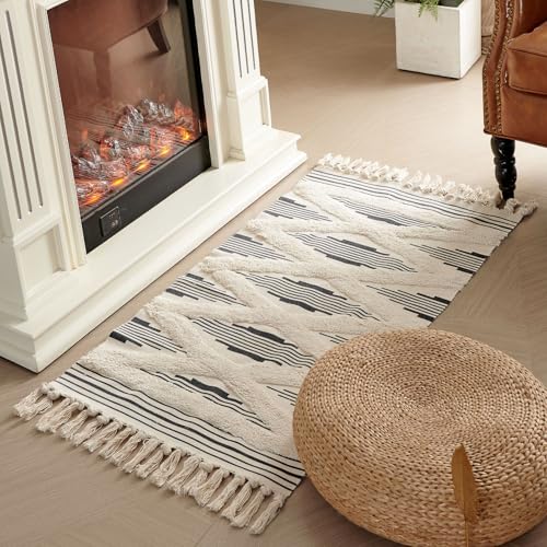 Boho Runner Rug Washable Hallway Rug Runner, Tufted Woven Cotton Farmhouse Area Floor Mat for Bedroom, Modern Diamond Entryway Carpet with Tassels (Grey, 2'x4.3') - size: 2' x 4'3" (Rectangular)