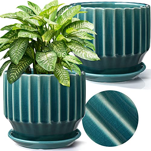 Plant Pots 6 inch Ceramic Pots for Indoor Plants Set of 2 Flower Pots Unique Crackle Glaze Design Plant Pots with Drainage Hole and Saucer Come with Drainage Nets (Aqua Green) - color: Aqua Green