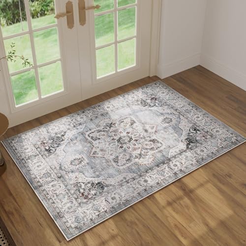 Rugcomf Vintage Medallion Rugs for Entryway 2'x3' - Door Mat Indoor Entrance, Machine Washable Area Rug, Non-Slip Low Pile Boho Carpet for Kitchen, Front Door, Bedroom, Kids Room - Grey and White - color: Grey and White - Central Medallion, size: 2' x 3'