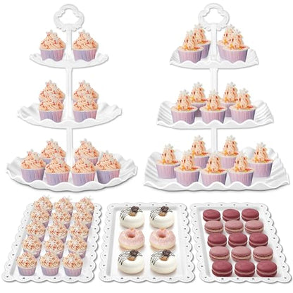Kootek 5pcs Cupcake Stand Dessert Table Display Set Serving Tray for Party | 3-Tier Cupcake Stand, 3 Rectangular Trays, Hold 64 Standard Cupcakes, Cookie Display, BPA-Free, No Tools Required, Hand Wash - color: Bright White, size: 5 Set