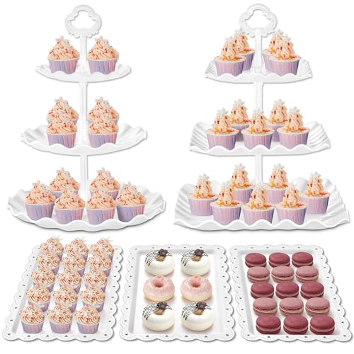 Kootek 5pcs Cupcake Stand Dessert Table Display Set Serving Tray for Party | 3-Tier Cupcake Stand, 3 Rectangular Trays, Hold 64 Standard Cupcakes, Cookie Display, BPA-Free, No Tools Required, Hand Wash - color: Bright White, size: 5 Set