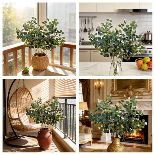 30" 3-Pack DIY Faux Eucalyptus Branches Greenery Stems | Silver dollar leaves, table centerpiece filler, wedding bouquet filler, vase arrangement decor, home accents