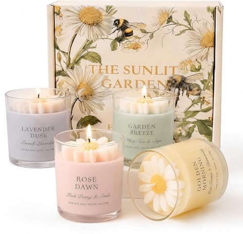 Scented Candles Gift Set for Women, 4 Pack Soy Candles for Home with Unique Floral Design, Relaxing Aromatherapy Candles for Birthday, Self Care, Home Decor