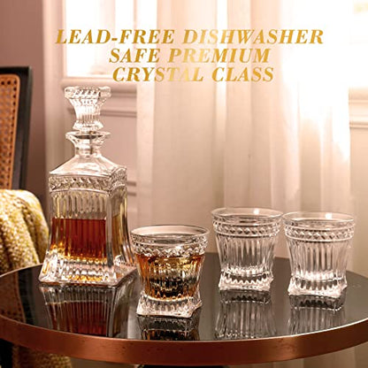 BETESINE Whiskey Decanter Set with 4 Glasses and 4 Steel Chilling Balls | 500ml Lead-Free Crystal Gift Set for Bourbon, Scotch, Whiskey and Rum