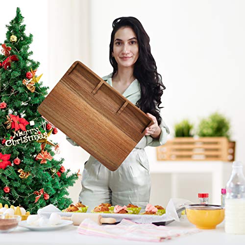 Large Acacia Wood Cutting Board for Kitchen 17x12x1.5 with 3 Compartments, Handles & Juice Groove, Non-Slip Mats, Thick Heavy Duty Butcher Block Charcuterie Board (Gift Box Included) - size: 17"L x 12"W