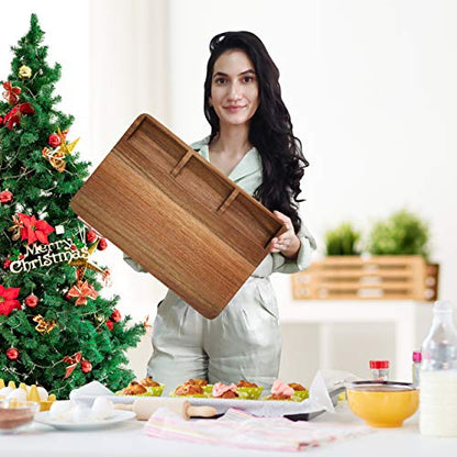 Large Acacia Wood Cutting Board for Kitchen 17x12x1.5 with 3 Compartments, Handles & Juice Groove, Non-Slip Mats, Thick Heavy Duty Butcher Block Charcuterie Board (Gift Box Included) - size: 17"L x 12"W