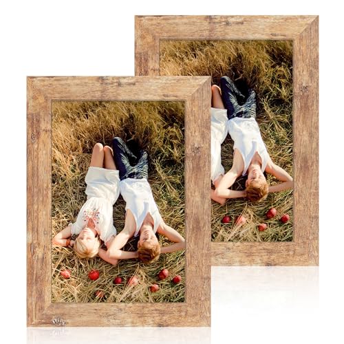 iRahmen 6x9 Picture Frame Set of 2, Rustic Brown Frame with High Definition Glass, 6 x 9 Wood Rustic Photo Frames for Horizontal or Vertical Table Top and Wall Mounting - color: Rustic Brown, size: 6X9