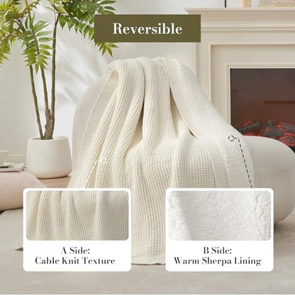 Reversible Waffle Weave Throw Blanket, Chenille Knit with Warm Sherpa, Soft Cozy Blanket for Couch, 50"x60", Ivory - color: Waffle-ivory