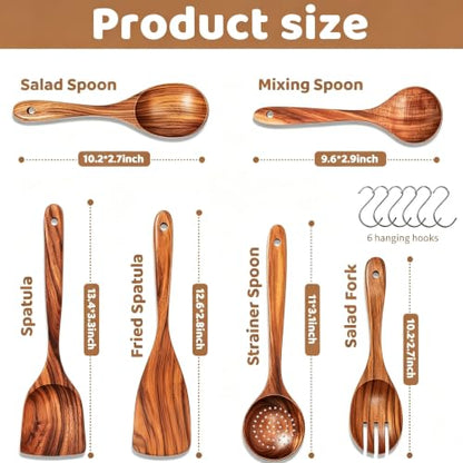 6 PCs Teak Wooden Utensil Set with Hooks, Wooden Spoons for Cooking, Wood Cooking Utensils Set, Comfort Grip, Non Stick Cookware, Easy to Clean, Kitchen Stuff, Wood Spatula