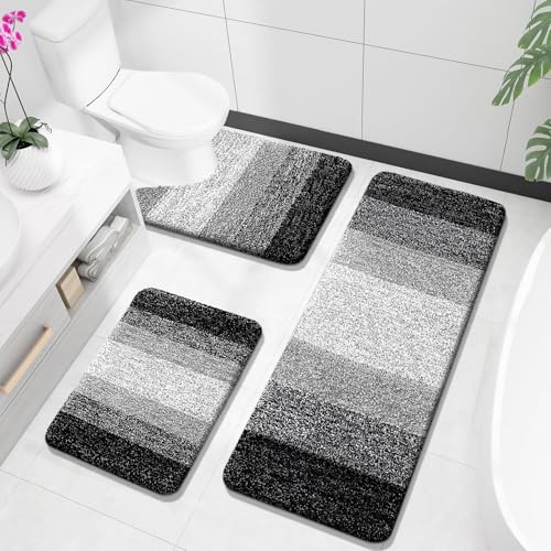 OLANLY Microfiber Bathroom Rugs Sets 3 Piece, 47"x20"+24"x16"+24"x20" | Black, Soft Absorbent Bath Mats and U-Shaped Contour Toilet Rug, Plush Shaggy Bath Mat Set for Bathroom - color: Black, size: 47" X 20" + 24" X 16" + U24" X 20"