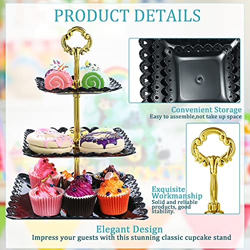 Honeydak 3 Sets of 3 Tier Serving Tray 3 Tiered Dessert Stand Wedding Cupcake Stand PP Plastic Cupcake Holder Dessert Tray Cake Fruit Candy Table Display Set for Birthday(Black) - color: Black