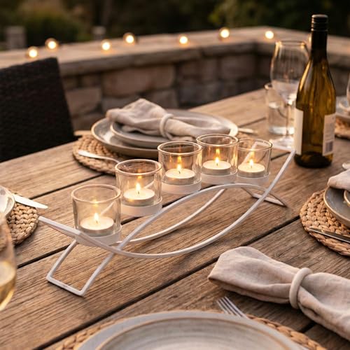 Table Centerpieces for Dining Room, Tealight Candle Holder, White | Wedding Votive Candle Holders, Wrought Iron 5 Cup Candelabra, Long Modern Coffee Table, White, Clear Glass Cups, 17in Long - color: White, size: 5 Cup