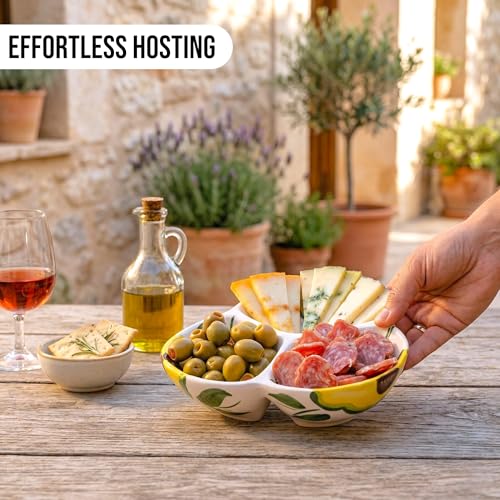 3-Compartment Ceramic Serving Dish, Handmade in Spain | 7.5” divided chip and dip bowl with lead-free glaze, microwave, oven and dishwasher safe, ideal for tapas, snacks and sauces - color: Rustic Avocado