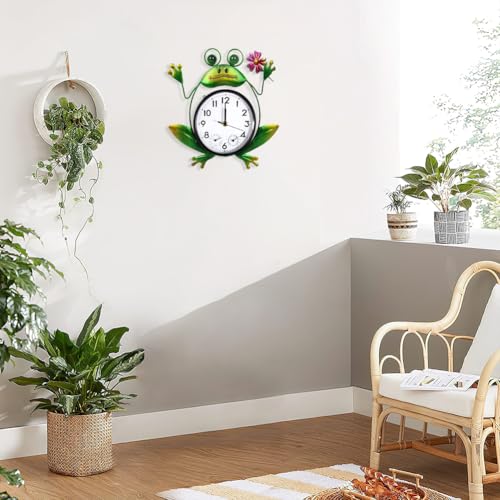 Outdoor Clock with Thermometer & Humidity | Silent Non-Ticking, Frog Outdoor Wall Clock, Outdoor Clocks for Patio, Garden, Home Decor - style: Frog with Flower