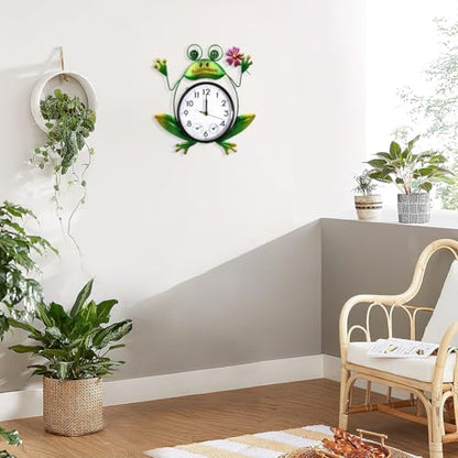 Outdoor Clock with Thermometer & Humidity | Silent Non-Ticking, Frog Outdoor Wall Clock, Outdoor Clocks for Patio, Garden, Home Decor - style: Frog with Flower