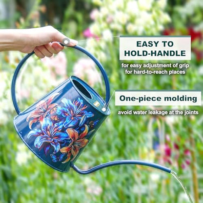 Berry&Bird 2L Long Spout Watering Can, Stainless Steel (Lilium Brownii) | 2L stainless steel watering can, long narrow spout, elegant print, curved handle, leakproof, houseplant watering & decor - color: Lilium Brownii