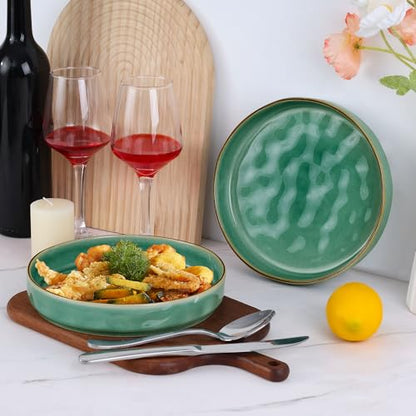 LIANYU 33oz Pasta Bowls, 8.25’’ Wide Shallow Salad Plates Set of 4 | Stoneware Ceramic Dinner Serving Bowls for Cereal, Fruit, Soup, Microwave & Dishwasher Safe, Emerald Green - color: Emerald Green