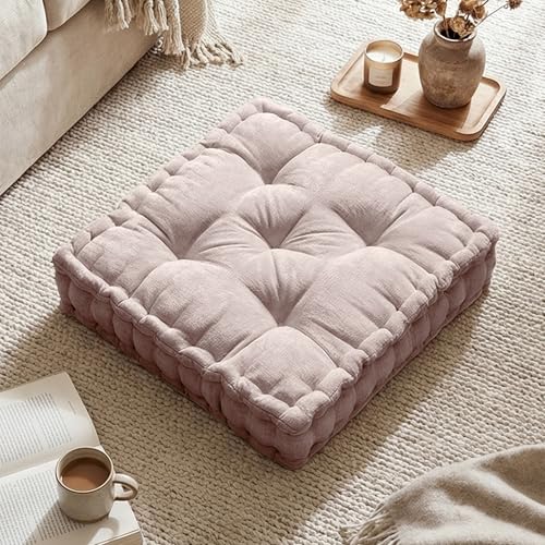 Intelligent Design Floor Pillow Meditation Cushion, 20x20 Blush | Sitting for Adults Yoga, Shredded Foam Filled, Chenille Tufted Cover, Handsewn Scalloped Edge, OEKO-TEX Certified - color: Blush