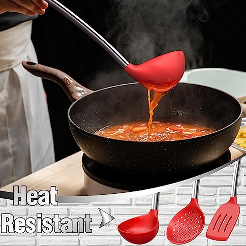 Kitchen Utensils Set- Umite Chef 34 PCs Cooking Utensils with Grater, Spoon Spatula, Heat Resistant Food Grade Silicone, Stainless Steel Handles Kitchen Gadgets Tools Set for Nonstick Cookware(Red) - color: Red