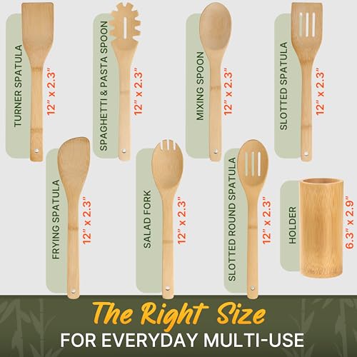 Bamboo Cooking Utensils Set 7 Pcs with Holder, Wooden Spoons for Nonstick | Easy to clean, sturdy, lightweight and heat resistant; eco-friendly and non-toxic; safe on delicate pans - size: 7 Pieces Extended