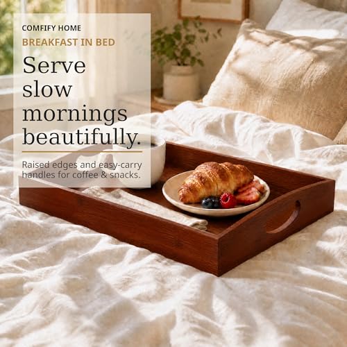 Comfify Dark Brown Bamboo Serving Trays Set of 3 – Nesting Ottoman Trays | Dark-stained bamboo with walnut tones; cutout handles; for coffee table, bar and bedroom dresser; S: 12", M: 14.5", L: 16.25" - color: Dark Brown