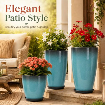 Neoaider Set of 3 Tall Planter, 24/21/12in Large Plastic Planter, Sky Blue | Ceramic-Look, Lightweight, Built-in Drain Hole, Saucers, Tall Outdoor Planter for Porch, Garden, Patio, Balcony - color: Sky Blue