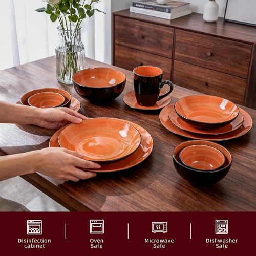 Stoneware Sonoma 56pc Dinnerware Set, Black + Speckled Spin Wash Orange - color: Orange