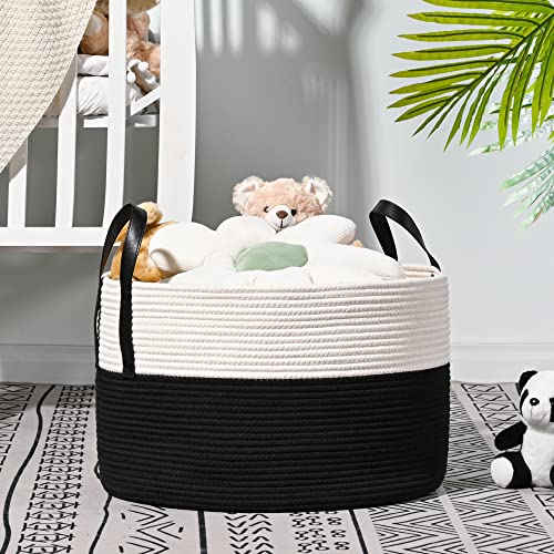 KAKAMAY Large Blanket Basket (20"x13"),Woven Baskets for storage Baby Laundry Hamper, Cotton Rope Blanket Basket for Living Room, Laundry, Nursery, Pillows, Baby Toy chest (White/Black) | Extra Large Capacity | Natural Cotton Rope | Blanket Storage | Wove