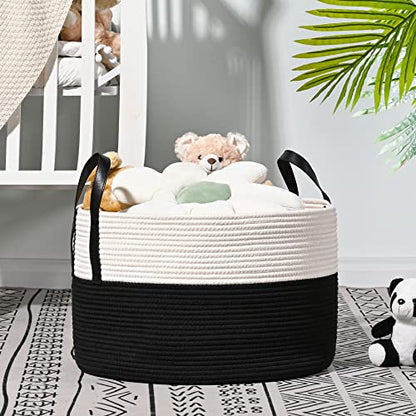 KAKAMAY Large Blanket Basket (20"x13"),Woven Baskets for storage Baby Laundry Hamper, Cotton Rope Blanket Basket for Living Room, Laundry, Nursery, Pillows, Baby Toy chest (White/Black) | Extra Large Capacity | Natural Cotton Rope | Blanket Storage | Wove