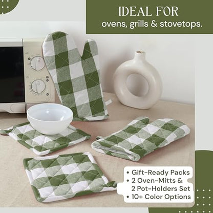 Buffalo Plaid Check Oven Mitts and Pot Holders Set, 100% Cotton, Heat Resistant, 2 Oven Gloves (7x13 Inches) and 2 Hot Pads (8x8 Inches) for Cooking and Baking, Mint Green White - color: Mint Green, Buffalo Plaid