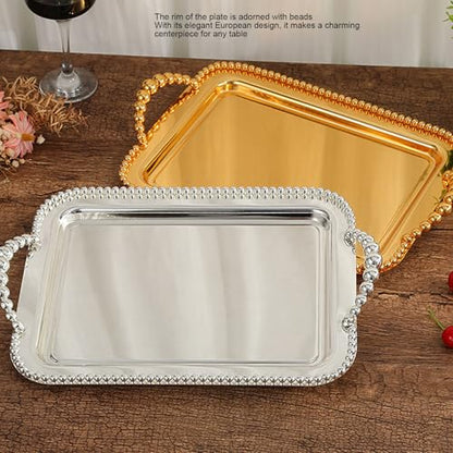 Asixxsix Metal Serving Tray, 16.5 x 11.0 inch Rectangular Stainless Steel Food Serving Tray European Retro Style Mirror Coffee Table Dessert Platter for Buffet Wedding Party (Silver) - color: Silver